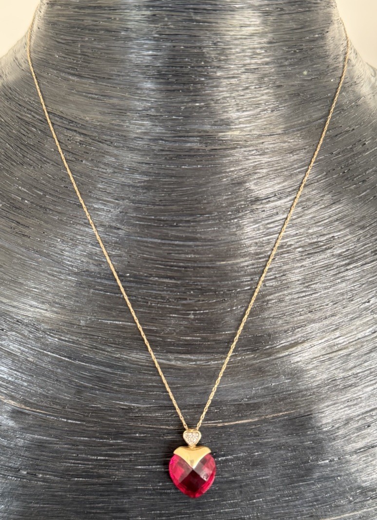 10K Solid Yellow Gold Diamond Ruby Heart Pendant … - image 2