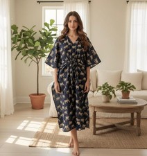 Indian Cotton Kaftan Long Caftan Bird Print Beach Wear Night Maxi Gown Plus Size