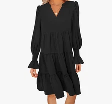 Womens Long Sleeve V Neck Midi Dress Flowy Ruffle Cuff Black Size Large