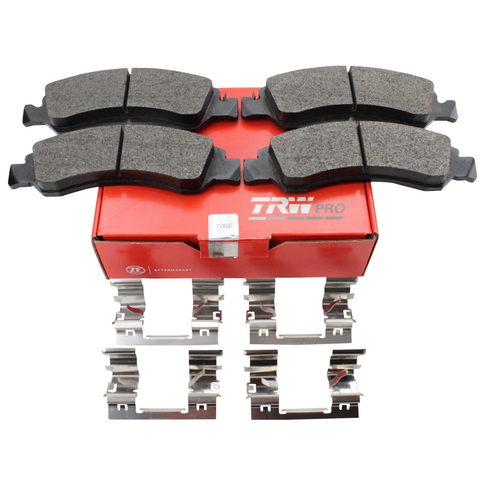 Juego de pastillas de freno delanteras metálicas ranuradas TRW Pro con clips para Cadillac Chevrolet GMC Foto 3 de 4