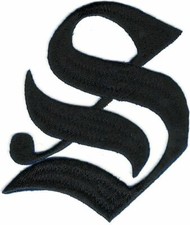3" Fancy Black Old English Alphabet Letter S Embroidered Patch