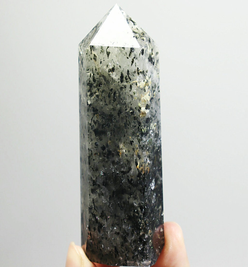 Natural Green Mica In Clear Quartz Crystal Tower Obelisk Wand