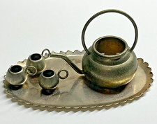 Vintage Dollhouse Miniature Brass Tea Set Teapot w/ 3 Cups Mugs  Serving Tray