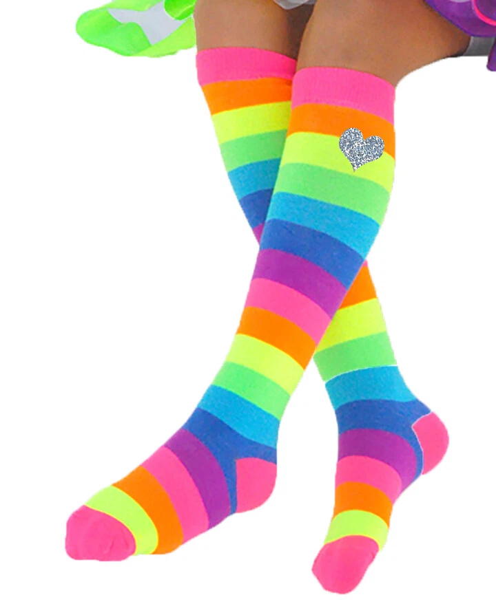 Bubblegum Divas Girls Rainbow Knee High Socks Silver Hearts Kids Long Stockings  - Image 2 of 4