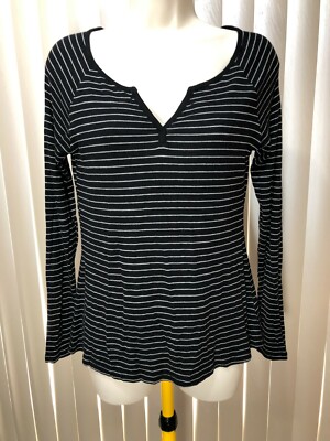 Juniors Hippie Rose Long Sleeve Shirt XS Split Neckline Knit Top Ribbed Striped