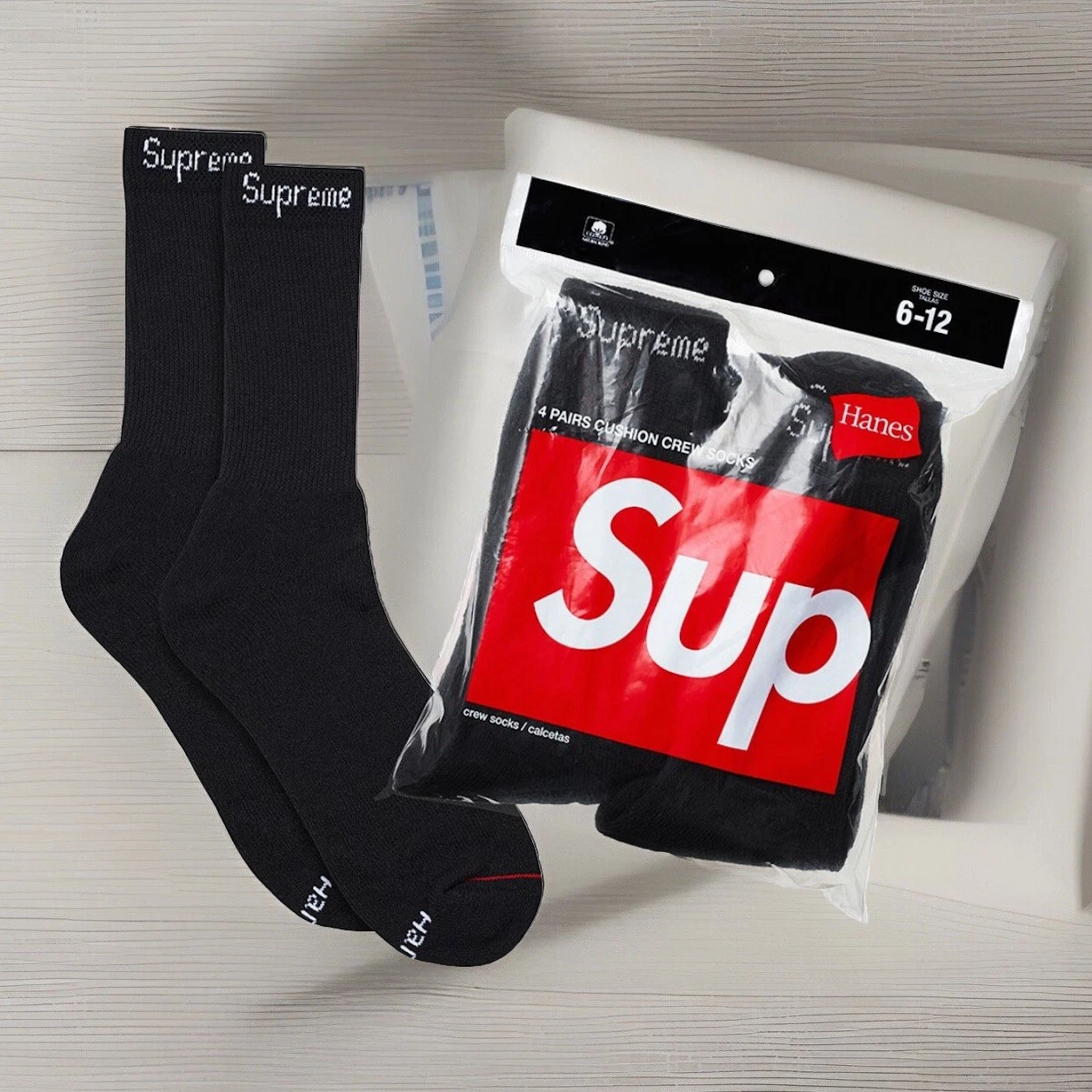 Chaussettes Supreme x Hanes Cushion Crew (lot de 4)   Noir, taille 6 12