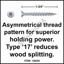 (4000) Particle Board Screw Type 17 8x1-3/4 Square Drive Flat Head w/Nibs 138252
