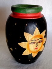 Wooden Vase, Hand Turned and Painted, Celestial, 6" by 4", Old but Perfect Shape