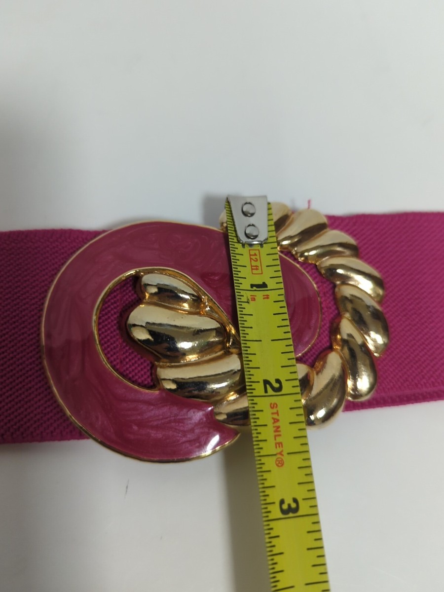 Barbie Pink & Gold Enamel Buckle Waist Statement Belt Vintage Retro 80s Fashion Belt Elastic Pink Gold Enamel  main image 4