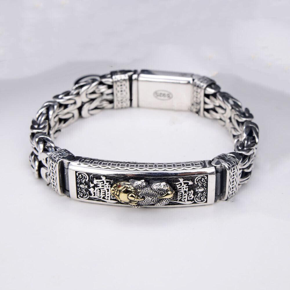 Real S925 Sterling Silver Bracelet 11mm Byzantine Pixiu Link Chain