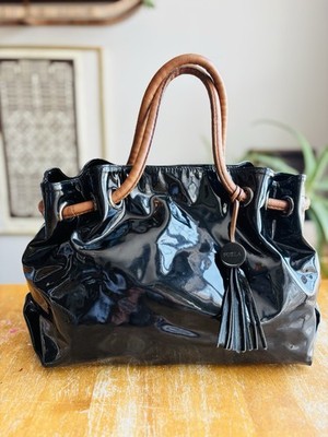 Furla Black Patent Leather With Brown Leather Straps