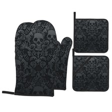 Victorian Gothic Black Skull Damask Oven Mitts and Pot Holders Sets of 4,Resi...