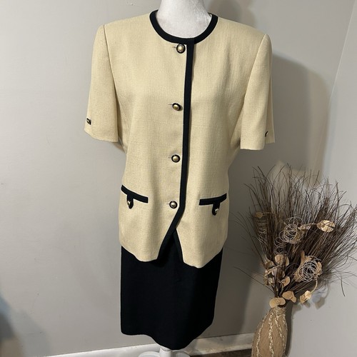 Vtg Kasper For ASL 2pc Skirt Suit Tan Black Short Sleeve Pleated Front Lined 14 - 第 1/9 張圖片