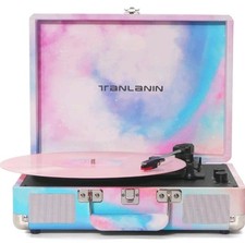 Watercolor Vinyl Record Player with Treble  Bass Control, Vintage 3-Speed Blue