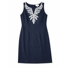 Pappagallo Navy Sheath Dress Womens Sleeveless Embroidered Neckline