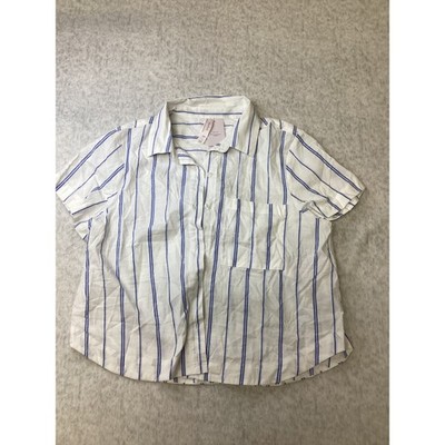 Auden Womens Blue White Striped Short Sleeve Button Down Sleep Shirt Small NWT