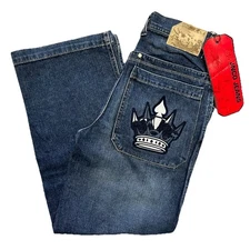 Y2K NWT JNCO JEANS CO BLUE DENIM BAGGY PANTS SZ YOUTH 14 CROSS LOGO PATCH (44)