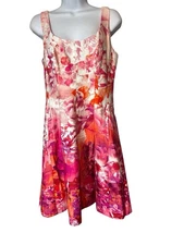 NINE WEST pink coral Pleated Colorful Floral dress  size 6 Pockets Fit N Flare