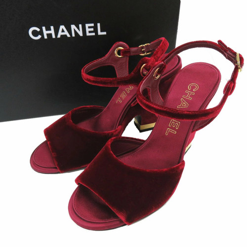 CHANEL Velvet Chunky Heel Sandals Strap Burgundy 1349 Used - Picture 2 of 10