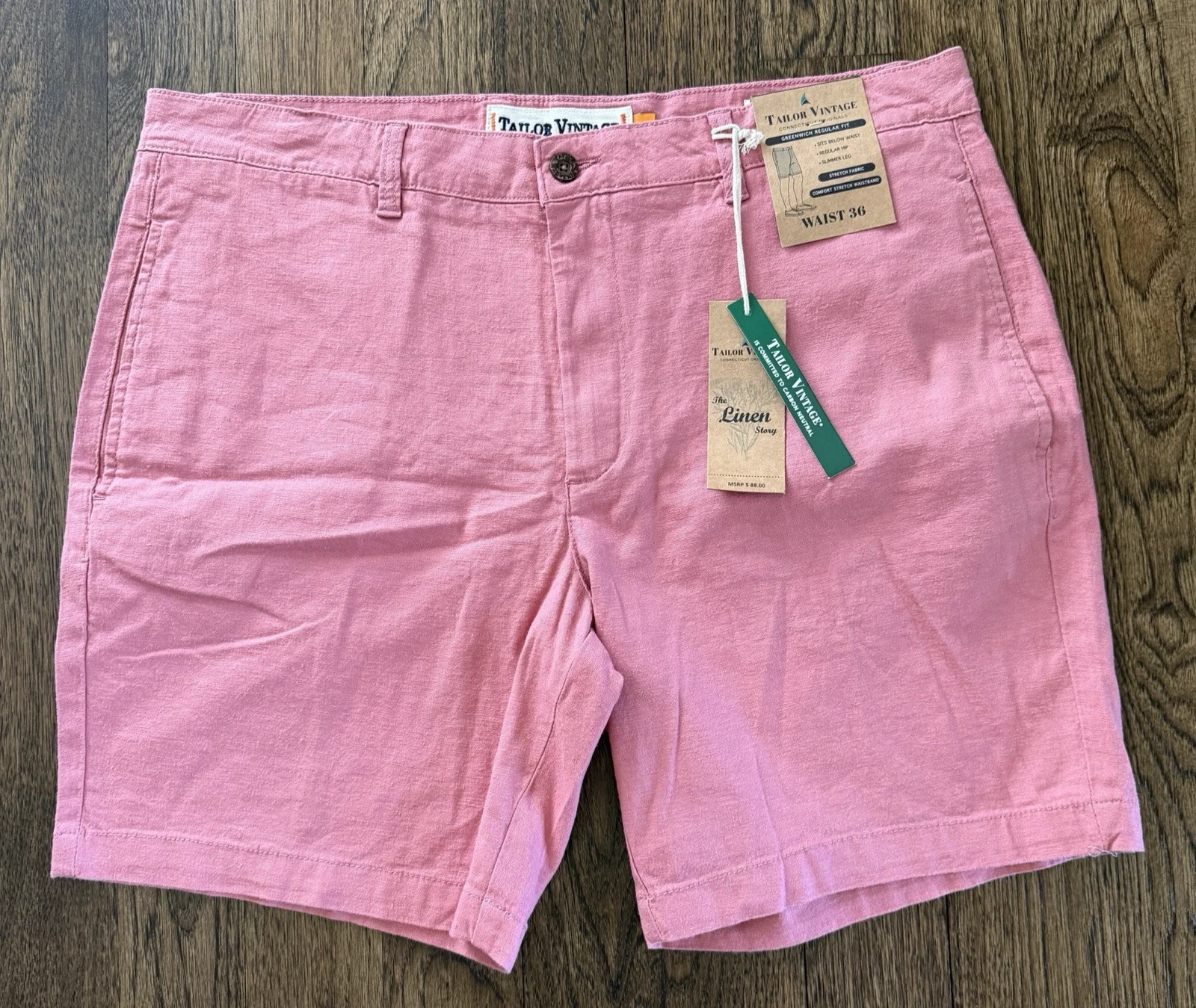Tailor Vintage NWT Men's 36 Linen Shorts Greenwich Fit Nantucket Red 8" NEW $88