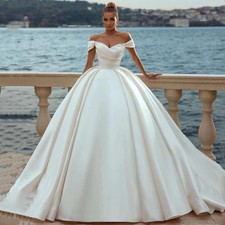 Off Shoulder Satin Ball Gown Wedding Dress Pleated Bodice Bridal Gown Custom