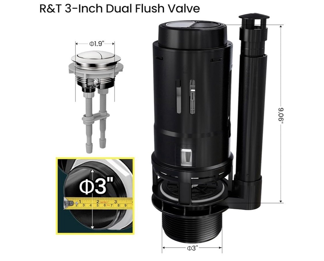 R &T A2422M 3- Inch Dual Flush Toilet Valve with Push Button Toilet Repair Kit