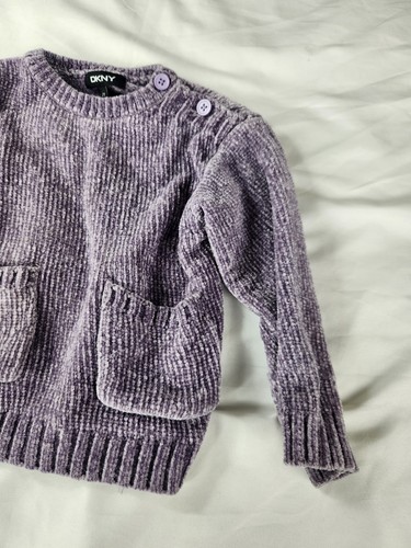 DKNY 2T Girls Purple Chenille Sweater Soft Cozy Knit Pullover Pockets Button - Picture 3 of 5