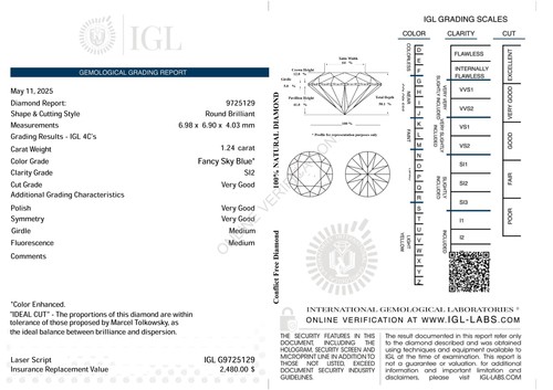 Zertifikat 1,24 Karat Himmelblau SI2 runder Brillant natürlicher verstärkter Diamant 6,98 mm - Bild 4 von 4