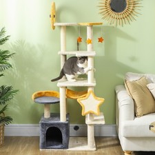 63 Inch Moon and Star Themed Cat Tree with Scratching Post, Hammock, Condo, Bed