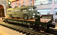 Menards O-Scale Army Flat Car w/ Fort Benning Bus (279-3432) Military Transport