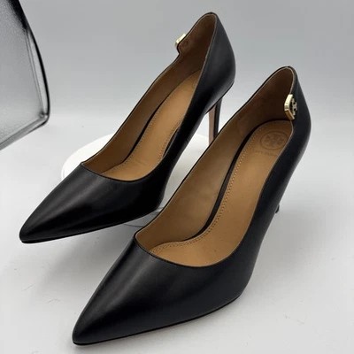 Tory Burch Women's Leather High Heels Size 9.5 Black With Gold Logo On Side. - Image 1 of 4