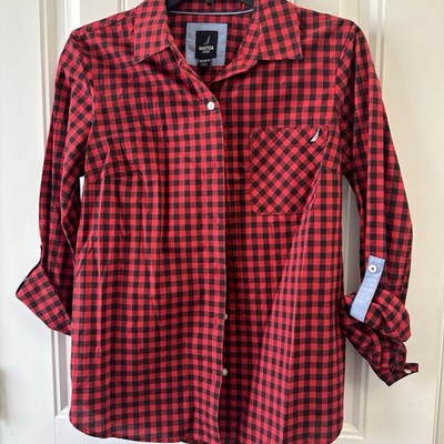 Nautica Jeans Women's Baby Bison Roll-Tab Button-up Shirt Black/Haute Red-L