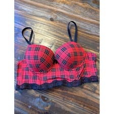 Adore Me Plaid Longline Balconette Bra Red Black Plaid Lace Trim Strappy 36B