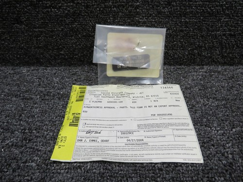 6200181-120 Cessna Citation III 650 Inflate Tire Info Placard with 8130-3 (NOS)