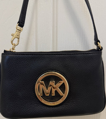 Michael Kors Black Pebbled MK Logo Zip Wristlet, Gold-Tone Hardware, Lined