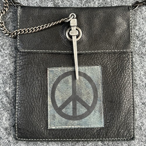 KBD Studio Handcrafted Black Leather Crossbody Bag Purse Peace Sign Patch Art