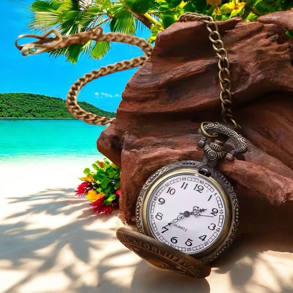 Reloj de Bolsillo de Cuarzo de Una Pieza de Anime Calavera Pirata de Bronce y Pulsera Gancho de Pez Foto 3 de 4