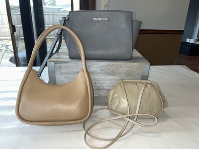 Michael Kors Mk Shoulder Bag Crossbody Silver Hardware Gray & 2 Small Tan Bags
