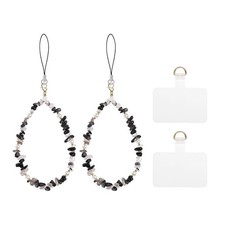 2pcs Phone Charm Wrist Strap Beaded Gemstone Phone Lanyard with Tab Black