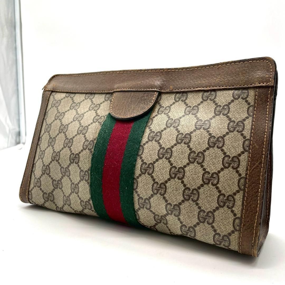 GUCCI GG Supreme Leather Clutch Bag Shelley Line Brown Beige Authentic