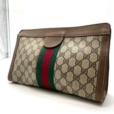 GUCCI GG Supreme Leather Clutch Bag Shelley Line Brown Beige Authentic