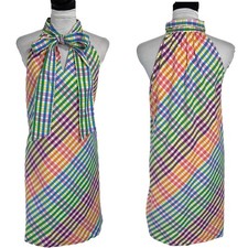 J.Crew Rainbow Plaid Halter Dress Size 12 P Shift Bow Tie Neck Gingham Retro