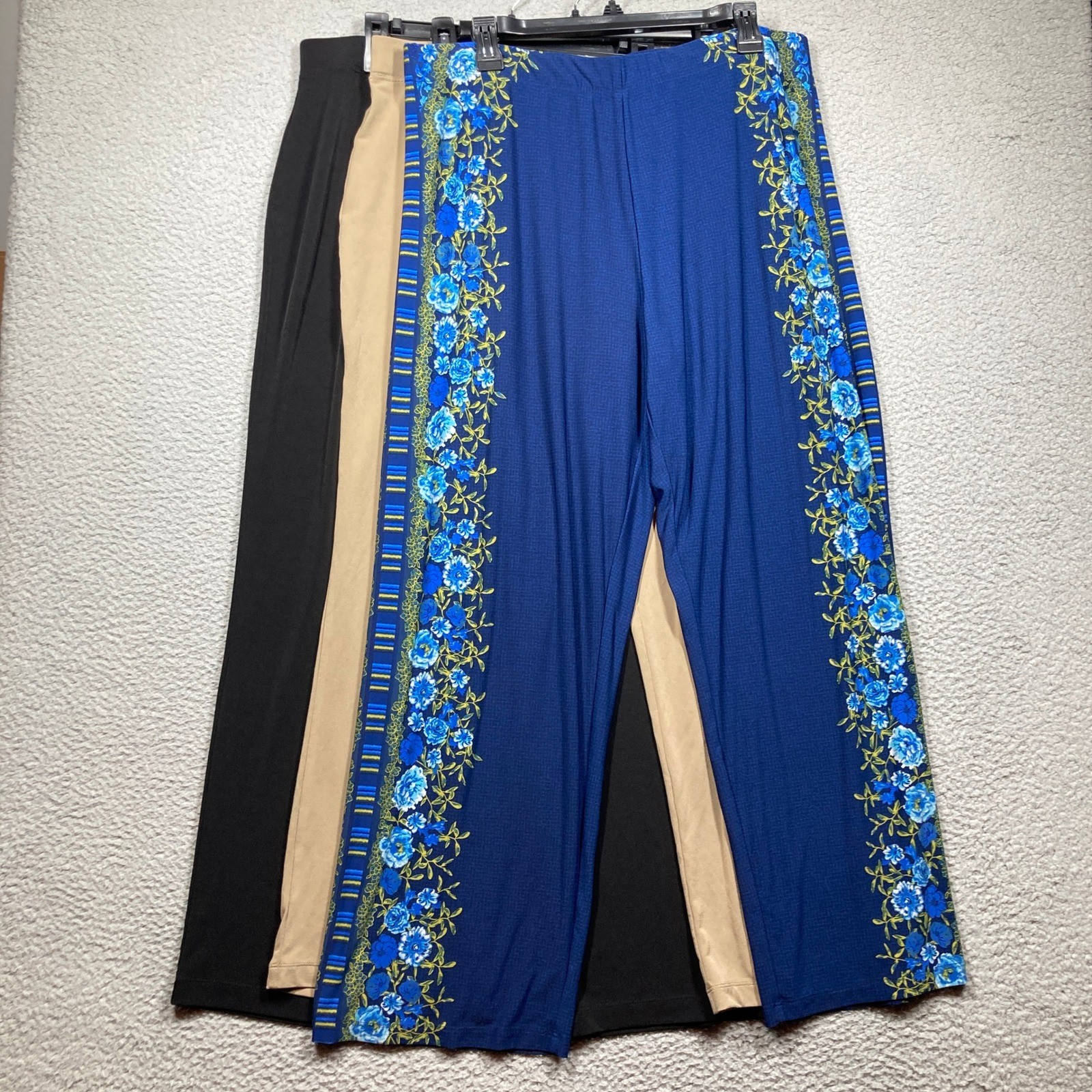 Susan Graver Essentials Liquid Knit Pants Women LP  3 Pack Blue Floral Black Tan