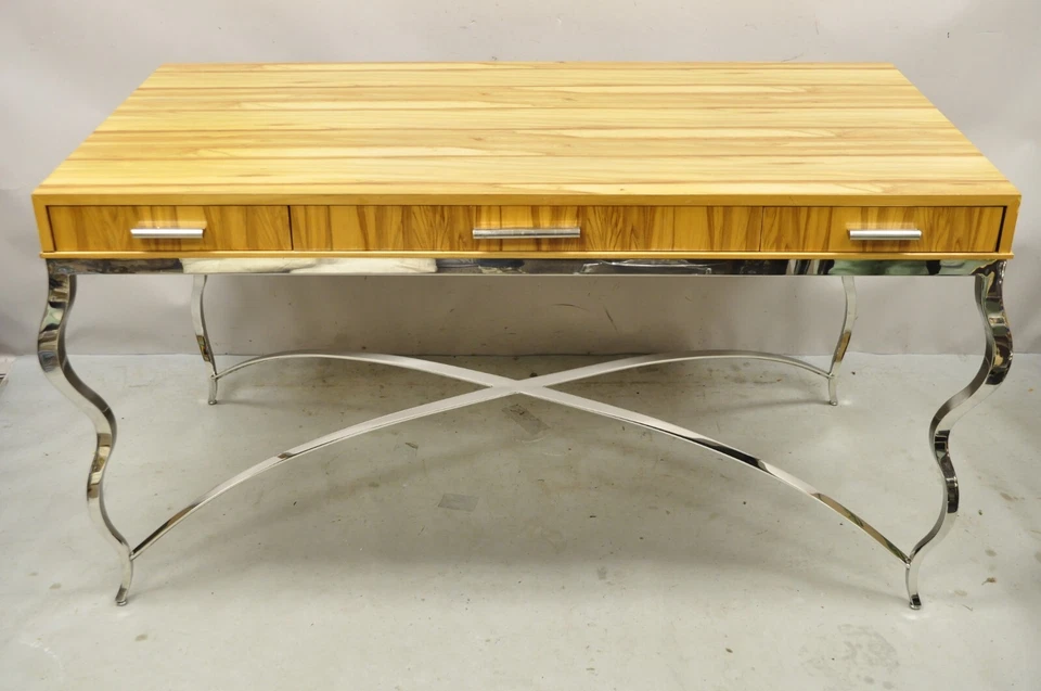 Mesa de escritorio Century Furniture moderna con base metálica de cromo y cebra 849-761 Foto 2 de 4