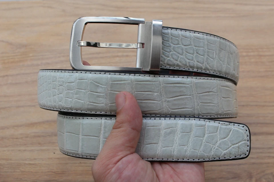 Cinturón para hombre sin articulaciones - blanco de cuero de cocodrilo genuino - W 1,5 pulgadas Foto 2 de 4