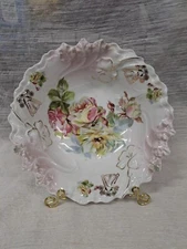 Germany Antique Porcelain Flower Decorative Bowl and Stand Embossed