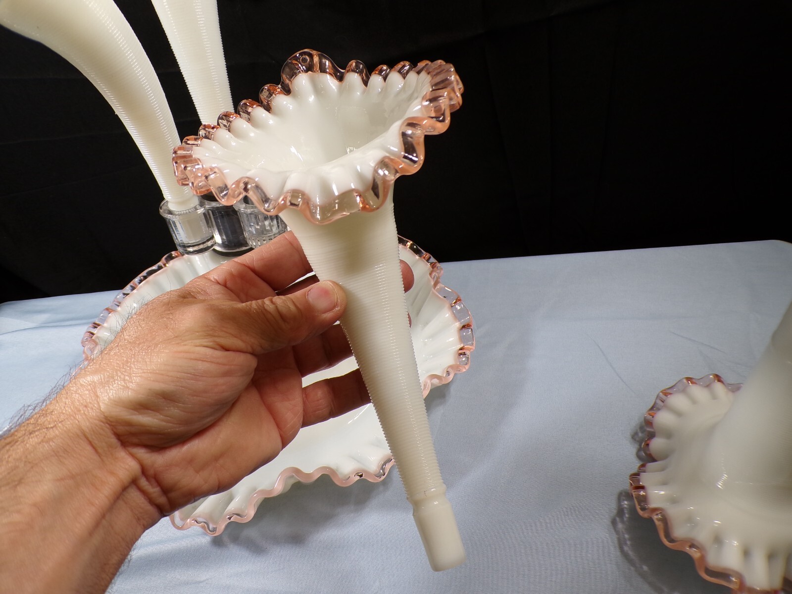 Fenton For L.G. Wright Milk Glass Pink Rose Crest Four 4 Horn Epergne