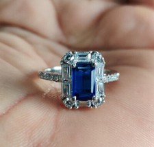 1Ct Blue Sapphire Emerald Cut CZ Halo Engagement Ring Solid 925 Sterling Silver