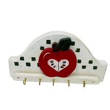Wall Mount Key Rack Hanger Holder 5 Hook Red Apple White Green Checker Country