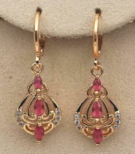 Pretty New 18K Yellow Gold Filled 3 Red Marquis CZ Mini Hoop Dangle Earrings
